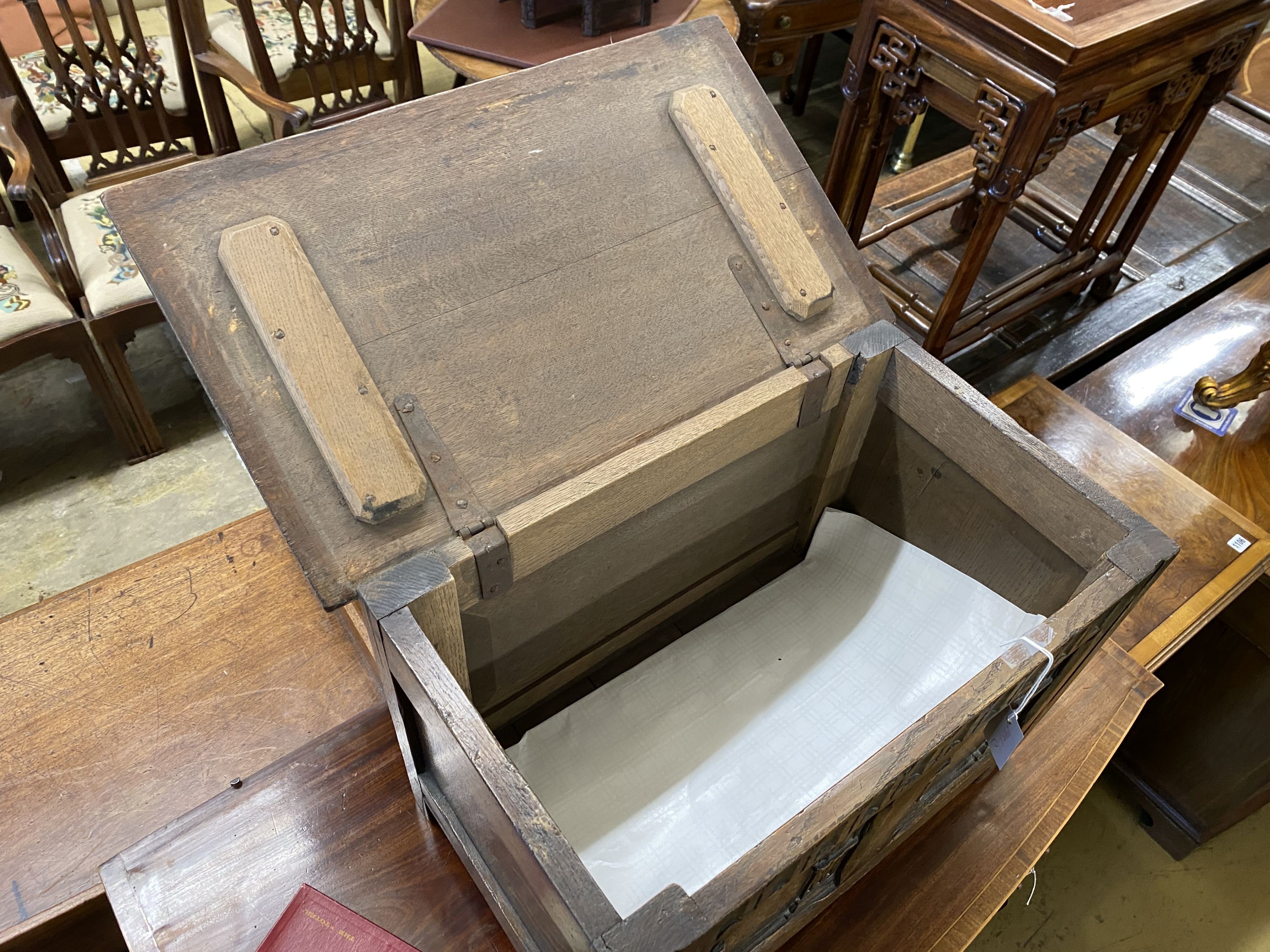 A small 17th century style oak coffer, length 61cm, depth 36cm, height 41cm